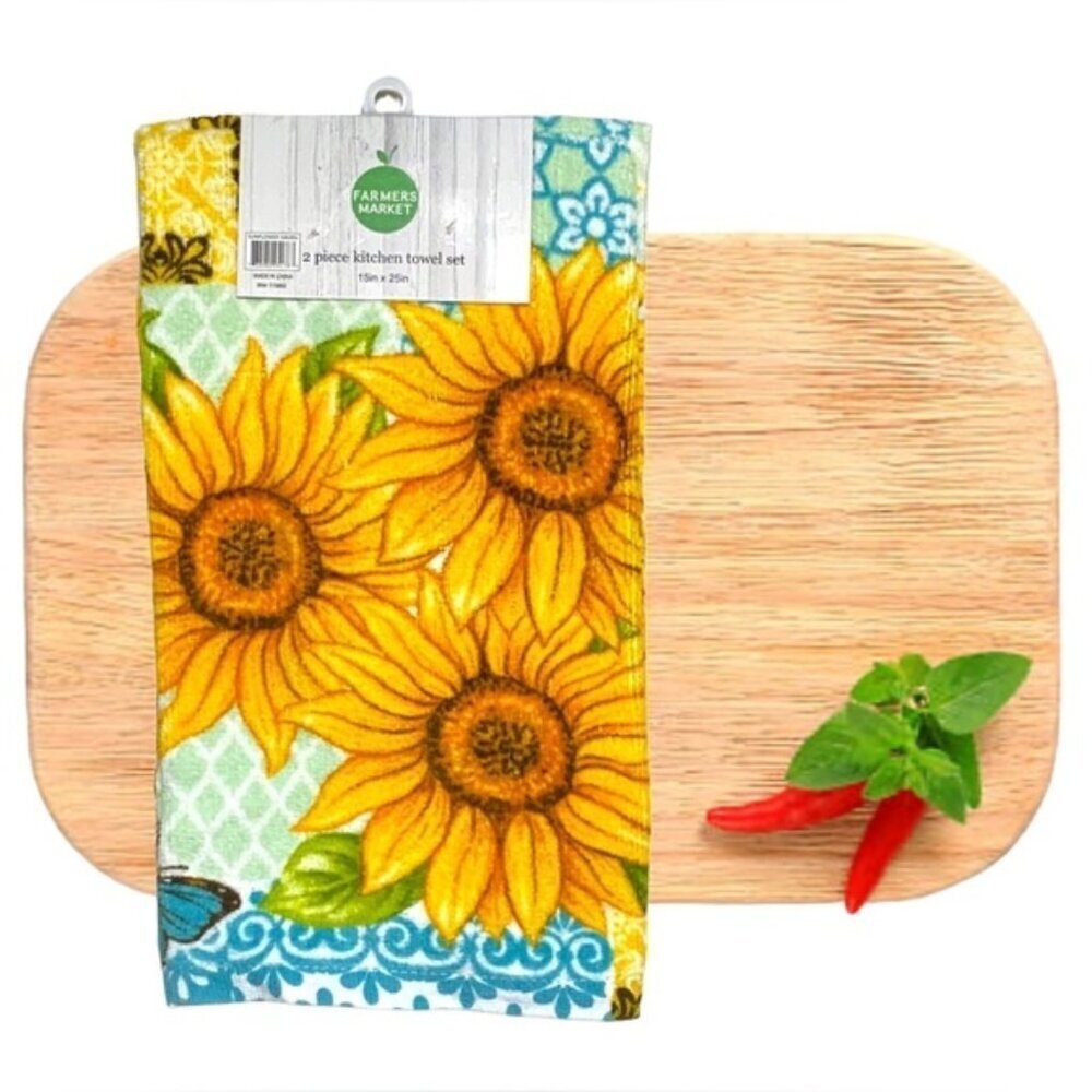 Farmers Market Sunflower Butterfly Kitchen Towels Absorbent Cotton Velour 2 PC
